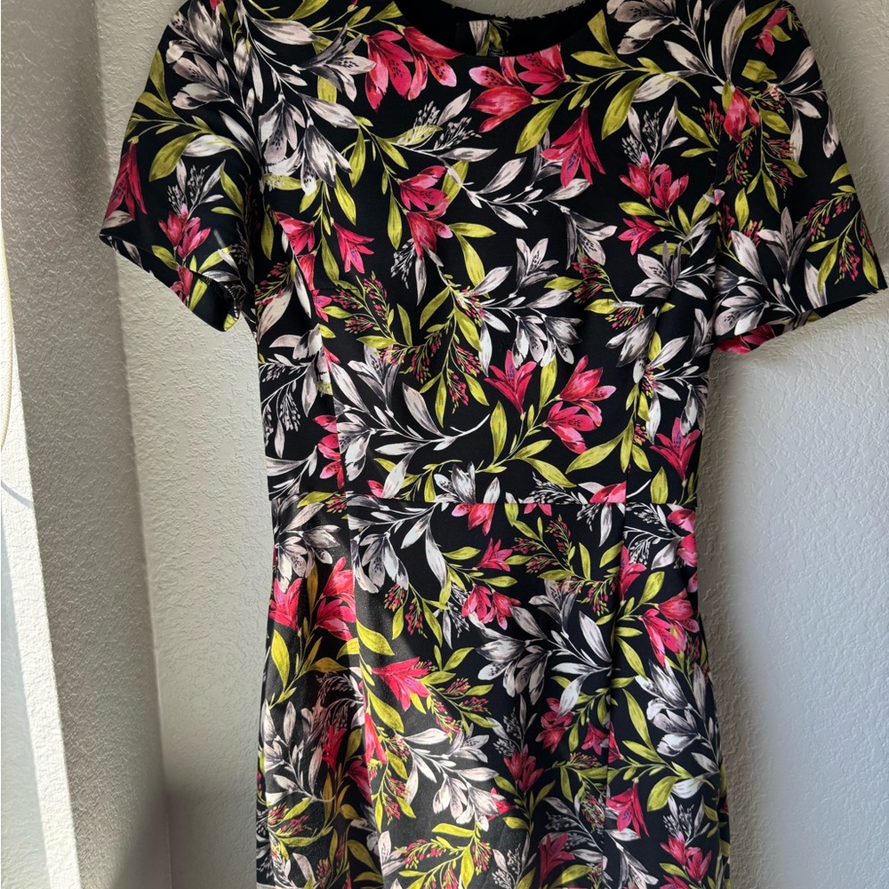 French Connection Black Dress with Pink and Green Floral Pattern